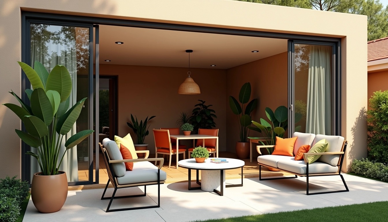 Design a sunroom featuring a minimalist aesthetic with large glass panels and a flat-roof structure. Replace the wooden chairs with sleek, modern metal furniture in a light color, and use bold accent cushions. Instead of a coffee table, use a large, round marble table with a geometric base. Add potted greenery with fewer, taller plants for a more spacious feel. Consider changing the exterior wall to a warm-toned stucco finish and adjust the lighting to soft recessed fixtures for a cozier atmosphere. The surrounding yard should have a mix of grass and stone paths leading to the entrance. Adjust the time of day to early morning to emphasize a bright, fresh start.