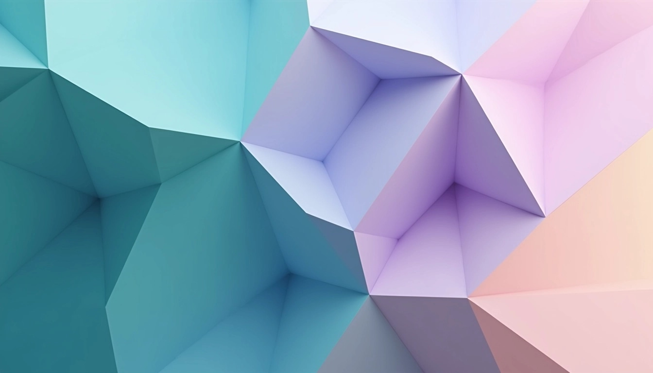 Create an abstract geometric design featuring interlocking 3D shapes with sharp edges. Use a gradient color scheme transitioning from deep teal to soft lavender, with subtle highlights in pale peach. Ensure the shapes vary in size and orientation to create depth, while maintaining a smooth transition between colors to provide a cohesive look. Remove any brand elements and ensure the design feels modern and vibrant.
