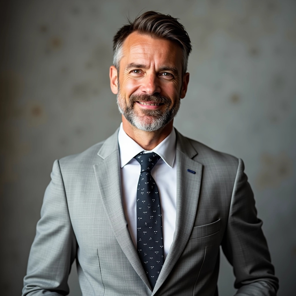 Create an image of a middle-aged man with short, neatly styled hair and a well-groomed beard. He should be wearing a light gray tailored suit over a white dress shirt with a subtle pattern, paired with a dark tie featuring a modern design. The man should have a confident expression and be standing against a soft, textured background in muted tones. Ensure there are no brand references or logos.