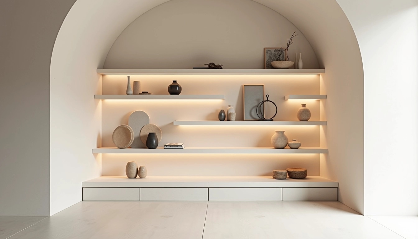 Design a minimalist interior featuring a curved wall with floating shelves. The shelves should have a warm, ambient lighting effect, showcasing various abstract decor pieces. Replace the straight and uniform shelf lines with wavy, asymmetrical shapes. Utilize a soft, neutral color palette, emphasizing textures like smooth concrete and soft matte finishes. The floor should be a seamless, light-colored surface, creating an open and airy feel.