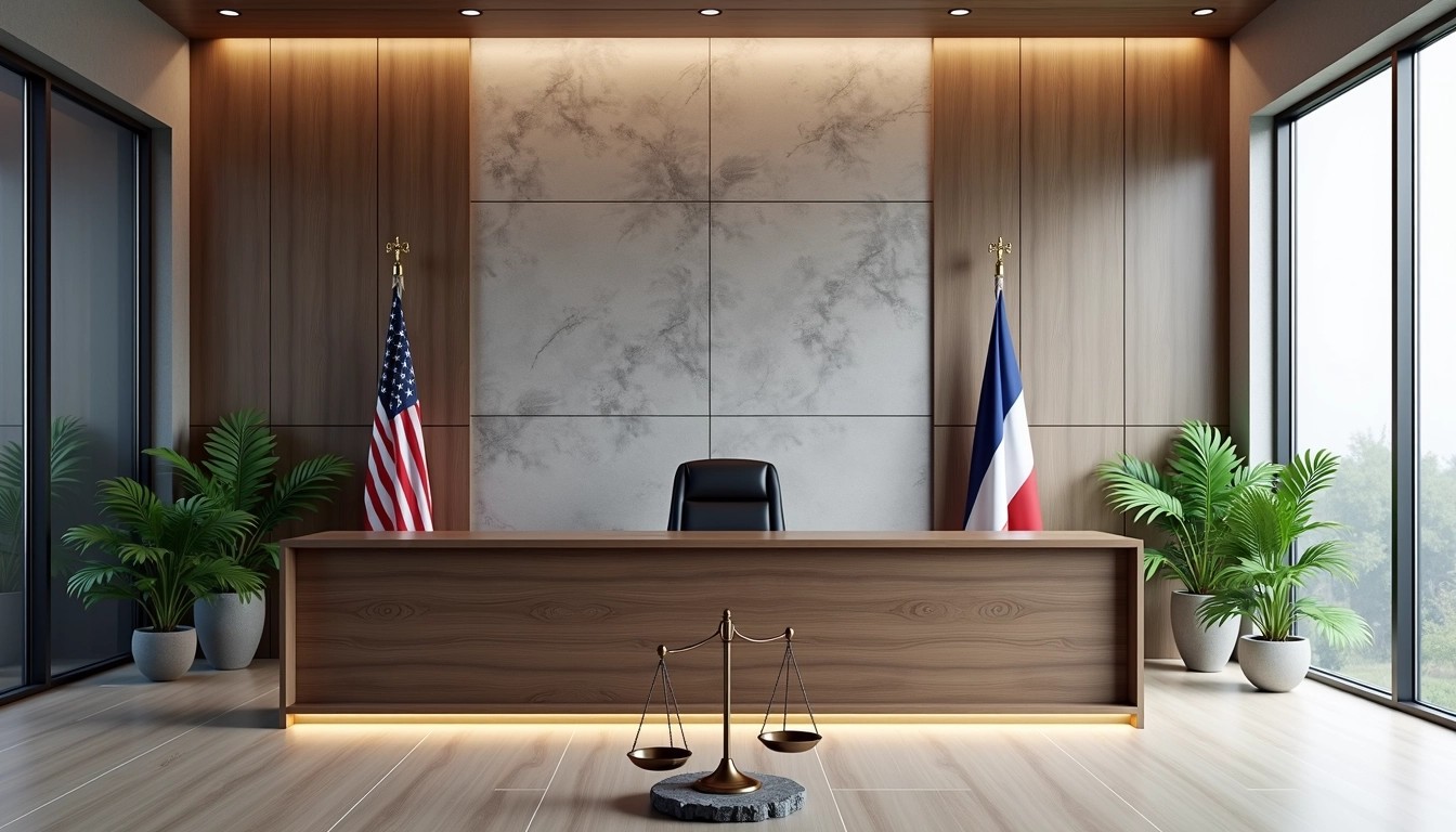 ### Image Design Breakdown (Modified)
- **Setting**: A modern courtroom with a minimalist design.
- **Background**: Walls adorned with a soft gray stone texture, adding sophistication without specific national flags.
- **Judge's Bench**: A sleek, dark wood bench with clean lines and a polished finish, equipped with a comfortable black leather chair.
- **Judge's Appearance**: A person sitting confidently, dressed in formal attire without specific identifiers.
- **Lighting**: Soft, ambient ceiling lights creating a warm atmosphere, combined with natural light from side windows.
- **Decor**: Lush green potted plants placed strategically in corners to enhance the natural feel of the room.
- **Symbol of Justice**: A classic balance scale located in the foreground, made of metal with a contemporary design on a polished stone base.
- **Flooring**: Light-colored, wide-plank flooring with subtle texture, adding to the courtroom's modern aesthetic.
This revised design focuses on a contemporary courtroom ambiance while eliminating specific national and brand references.