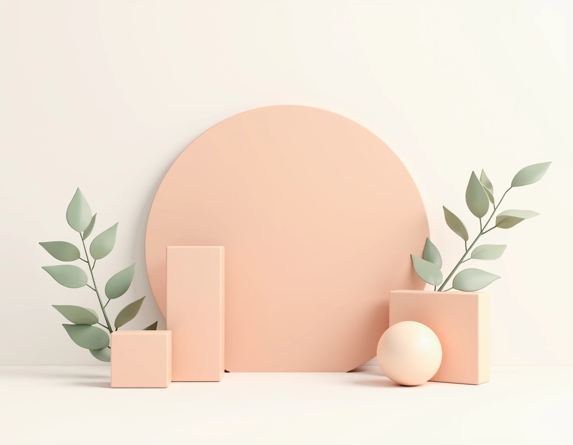Create a minimalistic scene with three geometric shapes: one tall rectangle, one small square, and one medium oval, all in a soft pastel peach color. Place two abstract, leafy branches with light green hues to the side, and set a large semi-circle backdrop in a lighter peach shade behind the shapes. Ensure the background is a smooth, diffused white to create a serene atmosphere.
