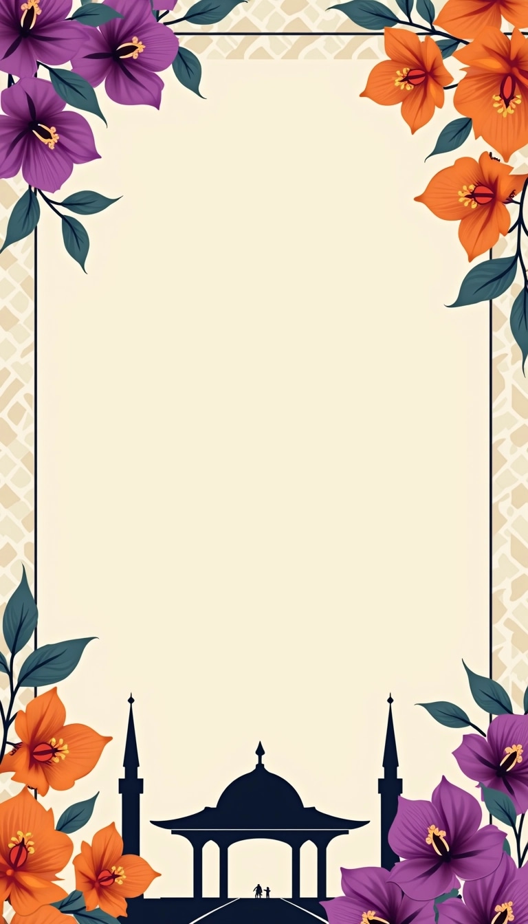 **Design Prompt:**
Create an elegant border design featuring vibrant bougainvillea flowers in shades of purple and orange, framing a soft beige background. In the lower right corner, incorporate a silhouette of a modern gazebo with a rounded roof and tall, slender spires on either side, maintaining a minimalist style. The entire design should evoke a sense of warmth and elegance, ideal for a serene setting. Use subtle geometric patterns in the background to add depth without overwhelming the floral elements. Remove any specific brand references or identifiable landmarks for a generic appeal.