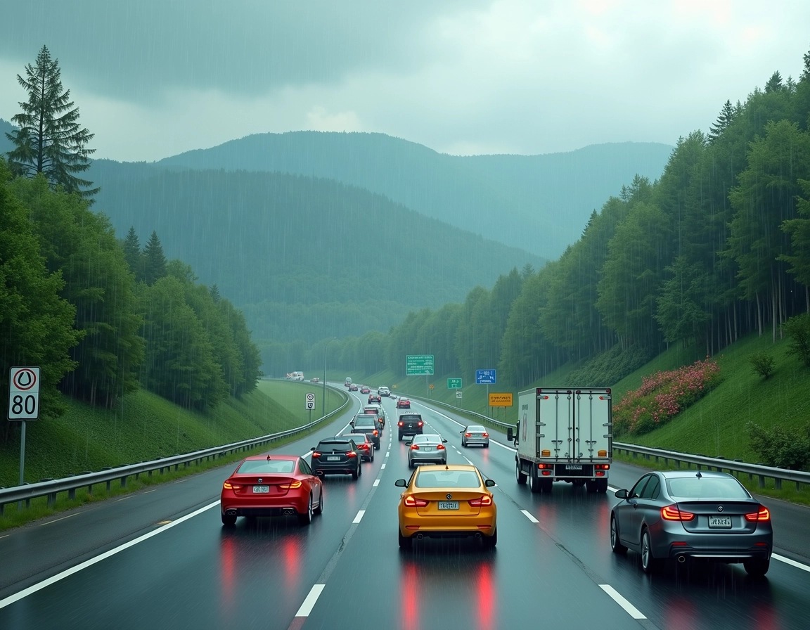 **Image Design Breakdown:**
1. **Scene Composition:**
- A highway with multiple vehicles moving in lanes.
- Lush, green hills in the background, accented by a cloudy sky suggesting rain.
2. **Vehicle Details:**
- Replace the vehicles with a combination of modern-looking cars and a small delivery truck, all in different colors.
- Change the positioning of the vehicles to create a more dynamic flow, with one car overtaking another.
3. **Road Elements:**
- Modify the speed limit sign to display "70" instead of "80".
- Include additional signage indicating a scenic viewpoint ahead.
4. **Atmospheric Features:**
- Enhance the rain effect to make it appear more dramatic, with increased water droplets on the road.
- Shift the cloud cover to create a more overcast atmosphere, suggesting an impending storm.
5. **Surrounding Nature:**
- Alter the types of trees and add more variety, including some flowering plants along the roadside.
- Introduce a winding pathway in the hills, leading to an undefined destination.
This new design maintains the essence of a road scene while diversifying elements for originality.