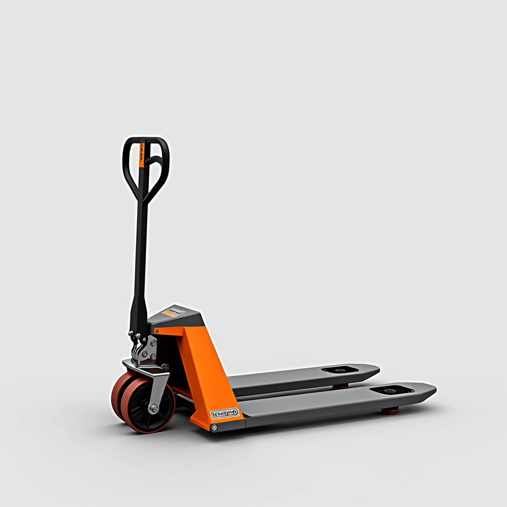 Design a modified hand pallet truck with the following features:
1. **Material**: Use a matte black finish instead of shiny metal for a modern look.
2. **Handle**: Change the handle shape to a curved ergonomic design for improved grip.
3. **Fork Size**: Make the forks slightly wider to accommodate larger pallets.
4. **Wheel Design**: Incorporate larger, multi-directional wheels for better maneuverability.
5. **Weight Capacity**: Increase the weight capacity indicator to 4000 lbs without brand markings.
6. **Base Design**: Alter the base with a more angular shape to enhance stability.
7. **Color Scheme**: Utilize a combination of orange and gray for a striking look, removing any logos or text.
This design maintains functionality while introducing fresh aesthetics.