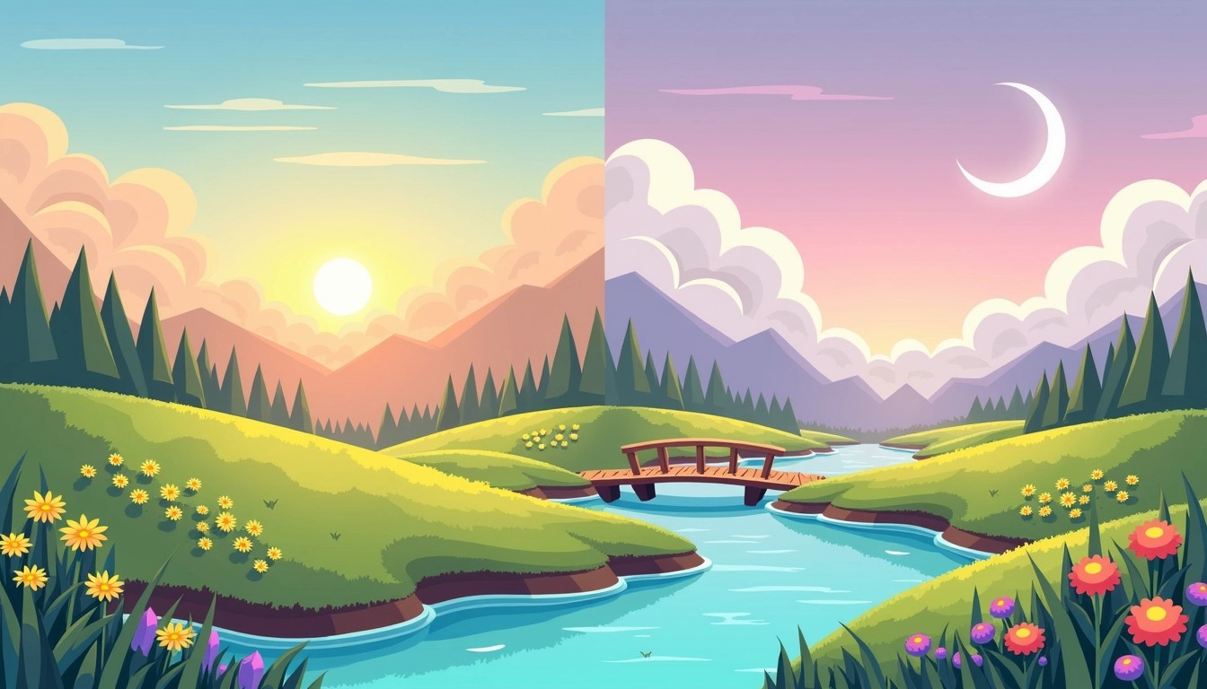 ### Image Design Breakdown (Modified)
- **Background:**
- Change the sky to a sunset gradient ranging from orange to pink.
- Replace the blue with soft lavender nuances.
- **Sun:**
- Alter the sun to a crescent moon in a pale blue shade.
- **Clouds:**
- Change the cloud shapes to fluffy, cumulus clouds with a slightly darker grey color.
- **Mountains:**
- Transform the mountains into rolling hills with a patchwork texture.
- **River:**
- Modify the river to meander in a zigzag pattern and fill it with a turquoise color.
- **Foreground:**
- Add wildflowers in multiple colors (yellow, red, and purple) scattered across the grassy area.
- **Details:**
- Introduce a small wooden footbridge over the river for added interest.
This design preserves a serene landscape but introduces fresh elements for a new feel.