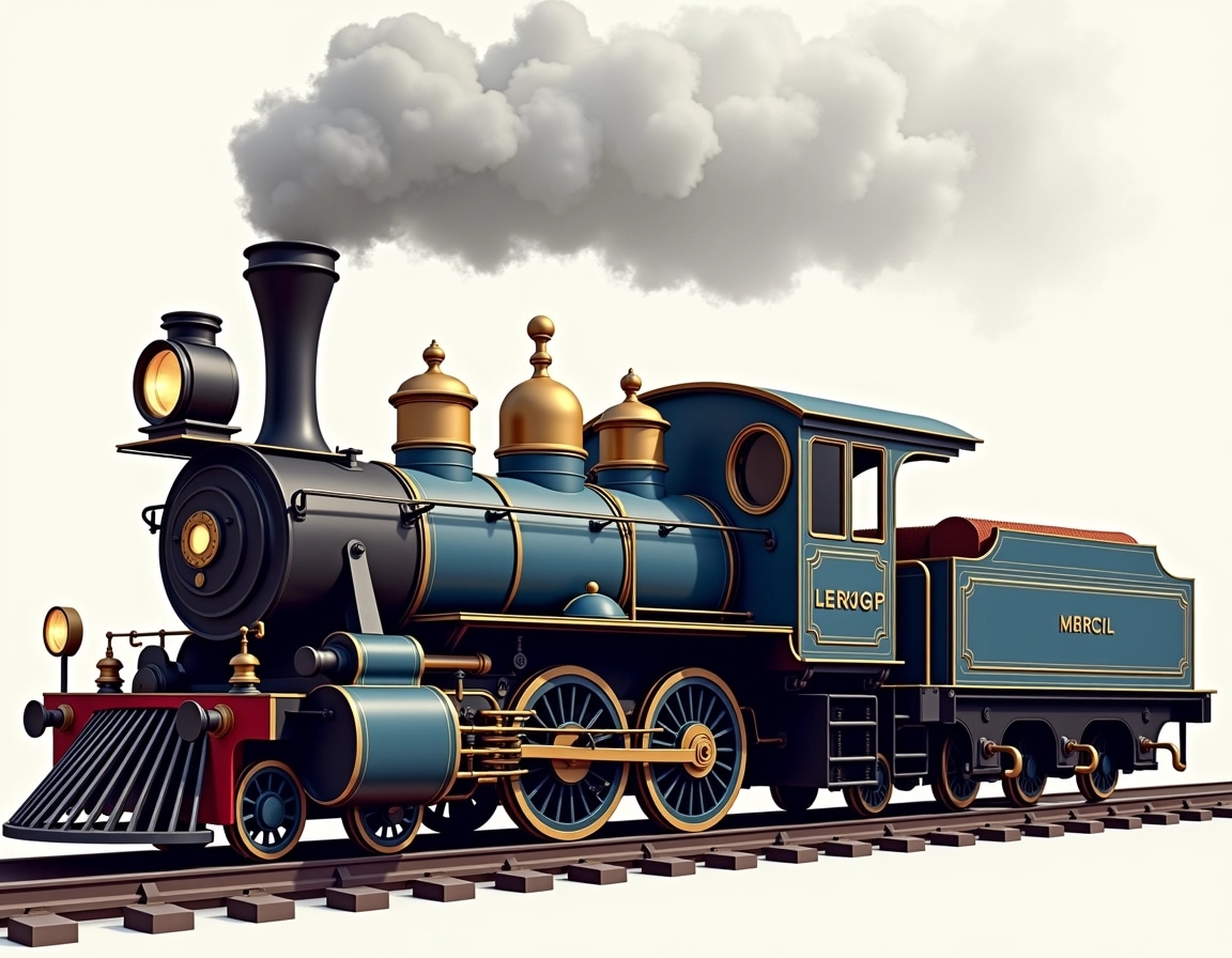 Design a vintage steam locomotive, featuring a rounded front with a prominent headlamp. Change the color scheme to deep blues and golds, and modify the shape of the smoke stack to a more curved design. The carriage should have a larger, rounded rear with decorative patterns and no brand markings, emphasizing a nostalgic, classic look. Add billowing, cloud-like steam coming from the stack for a dynamic effect.
