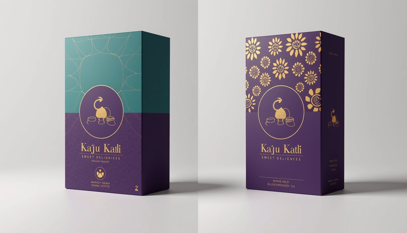 **Packaging Design Breakdown:**
1. **Shape and Structure:**
- Maintain the rectangular box shape but alter the dimensions to be more square-like for a modern touch.
2. **Color Scheme:**
- Change the primary color from purple to a deep teal, maintaining a luxurious feel.
- Use a contrasting gold for decorative elements instead of the current golden patterns.
3. **Pattern:**
- Replace the existing floral pattern on the upper half with an abstract geometric design for a contemporary vibe.
4. **Typography:**
- Use a bold, sans-serif font for the brand name, keeping it large and centered, but replace "Kaju Katli" with a generic name like "Sweet Delicacies."
- Adjust the tagline to something like "Indulge in Sweetness" for a fresh appeal.
5. **Imagery:**
- Instead of showing actual sweets, use a minimalist illustration of sweet pieces to maintain intrigue without specifying the product.
6. **Logo and Branding:**
- Remove the brand logo altogether, opting for a simple emblem that suggests quality, such as a stylized dessert silhouette.
7. **Finishing Touches:**
- Introduce a matte finish for a sophisticated texture, contrasting with glossy accents on the logo area.
This redesign keeps the essence of indulgence while refreshing the aesthetics for modern consumers.