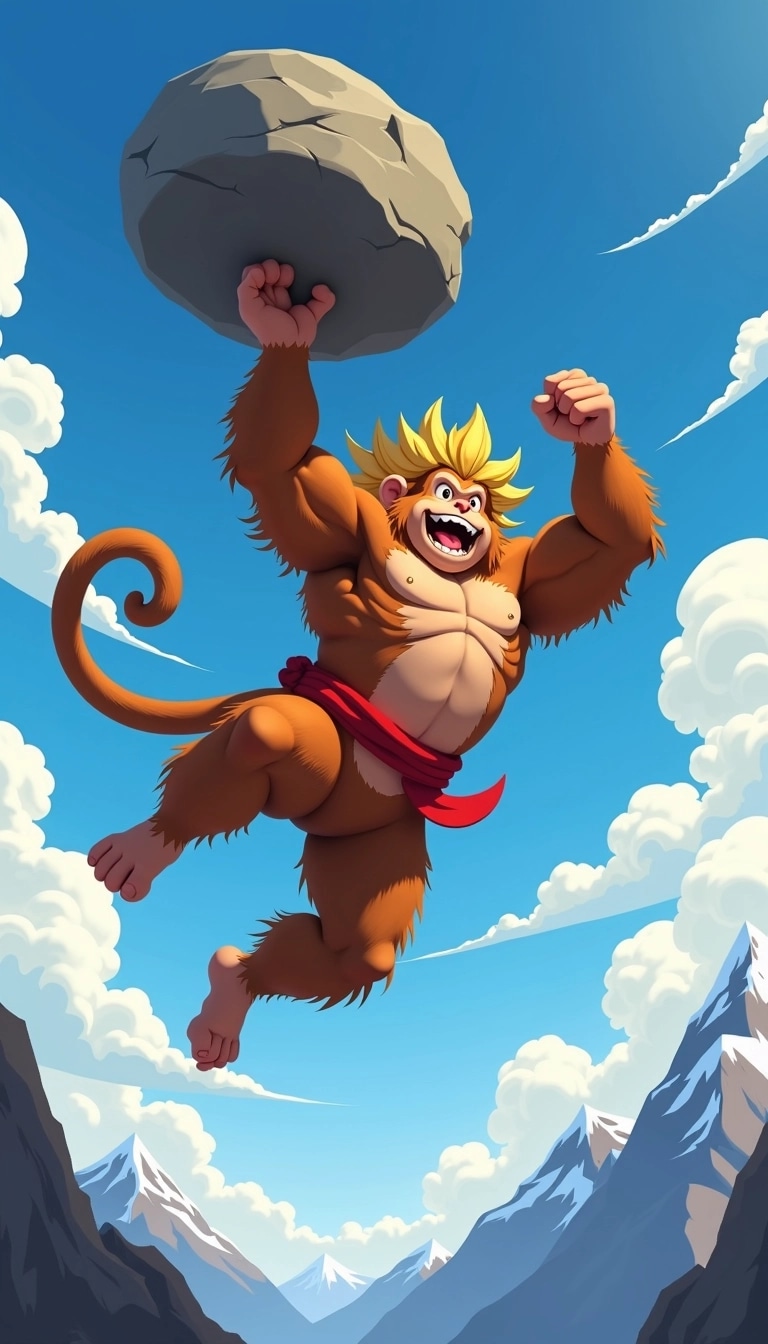 Create an image of a muscular creature resembling a mythical monkey flying through a bright blue sky, holding a large boulder overhead with one arm. The creature should have a playful expression, wearing a flowing golden headpiece and a red sash around its waist. The background should depict gentle cloud formations and snow-capped mountains, emphasizing a sense of adventure and strength.