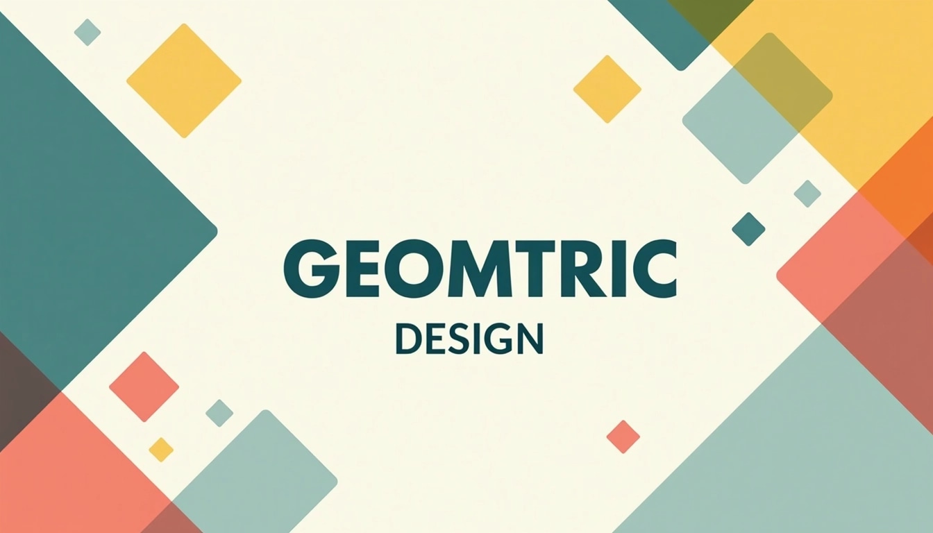 Create an abstract background featuring a variety of geometric shapes, including triangles and squares, in a gradient of teal, coral, and pale yellow. Arrange the shapes in a way that they form a dynamic pattern across the top and bottom corners of the image, while leaving the center clear for text. Use a modern, bold font for the text "GEOMETRIC DESIGN" in a dark teal color, placed centrally. The overall aesthetic should be clean and vibrant, maintaining a contemporary feel without any brand references.