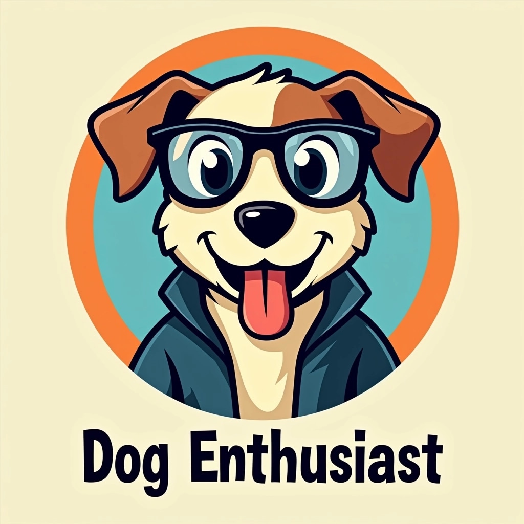 Design an image featuring a stylized cartoon dog wearing oversized round glasses. The dog should have a cool expression, with its tongue hanging out slightly. Surround the dog with a colorful circular background, incorporating shades of blue and orange. Instead of a brand title, use a playful phrase like "Dog Enthusiast" in a bold, playful font below the dog. The dog should be wearing a casual jacket, giving off a laid-back vibe.