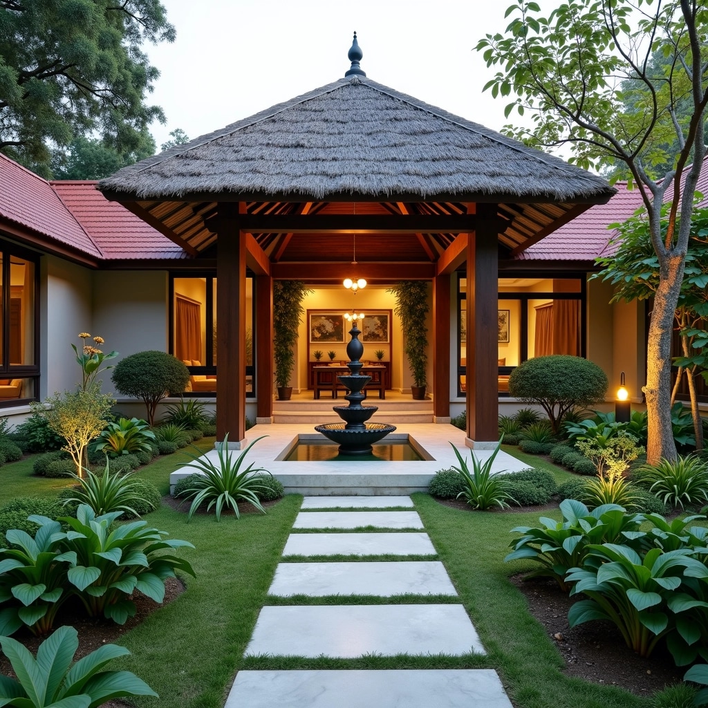 Create a serene outdoor space featuring a pavilion with a thatched roof and wooden pillars. Instead of a statue, place a small water fountain in the center surrounded by lush greenery and colorful flowers. The pathway should be made of smooth, light-colored stones, leading through a well-maintained garden with a small vegetable patch. Replace the building’s traditional red roof with a modern flat roof design and use neutral-toned walls. Illuminate the area with soft, warm lighting to enhance the inviting atmosphere during the evening.