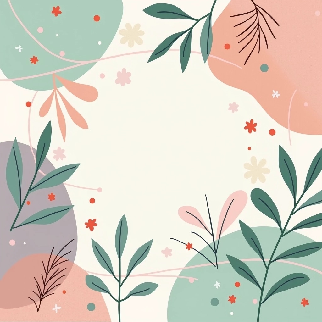 Create an abstract design featuring a blend of soft, pastel colors like mint green, peach, and lavender. Introduce splashes of vibrant hues, such as coral and teal, across the canvas. Incorporate organic shapes that mimic leaves or flowers but keep them subtle and dispersed. Use a light texture to add depth, with intersecting lines in a minimalist style, creating a grid-like pattern in the background. Ensure the overall composition feels harmonious and inviting, avoiding any brand or logo references.