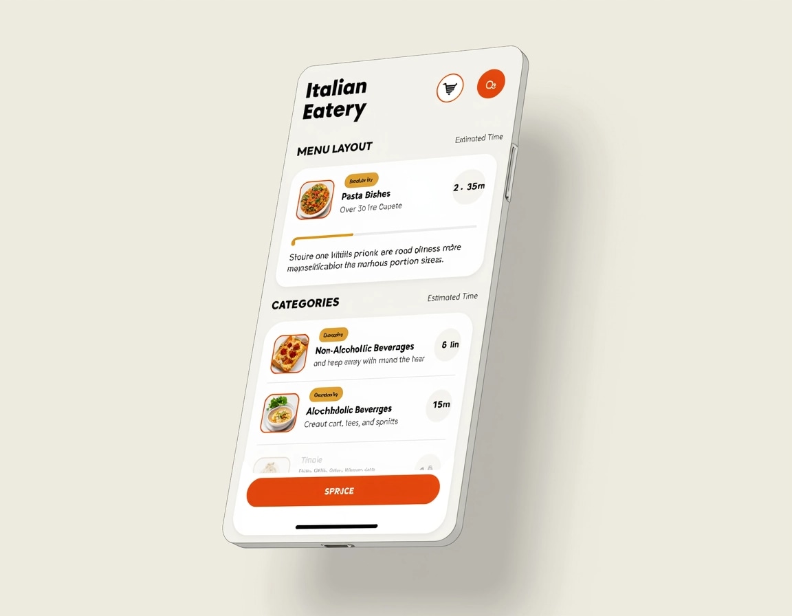**App Design Breakdown:**
1. **Header:**
- Title: “Italian Eatery”
- Icon: Shopping cart symbol (in a prominent color).
2. **Menu Items:**
- **Item Card Layout:**
- Image: Thumbnail image relevant to the food category.
- Title: Bold text for food type (e.g., "Pasta Dishes").
- Description: Brief line about options available.
- Estimated Time: Timer icon with time estimate.
3. **Categories:**
- 1. **Pasta Dishes**
- Description: “Over 50 varieties available in various portion sizes.”
- Time: 25 mins.
- 2. **Baked Goods**
- Description: “Stuffed goods with a variety of flavors.”
- Time: 15 mins.
- 3. **Non-Alcoholic Beverages**
- Description: “Juices, sodas, iced tea, and water.”
- Time: 5 mins.
- 4. **Alcoholic Beverages**
- Description: “Craft beers, wines, and spirits.”
- Time: 5 mins.
4. **Color Scheme:**
- Background: Light neutral tones for contrast.
- Header: Darker color for emphasis.
- Accent colors for icons and buttons.
5. **Button:**
- Clear call-to-action button for cart/view selections.
This layout enhances user experience while keeping a clean and modern design.