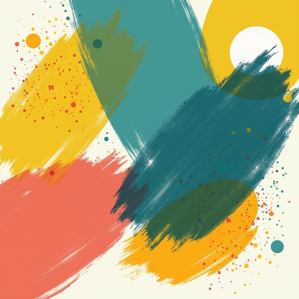 Create an abstract design featuring a vibrant color palette of teal, coral, and lemon yellow. Incorporate brushstroke textures and geometric shapes, while introducing wavy lines and organic forms to convey movement. Replace any brand references with generic, artistic motifs, ensuring the overall composition remains energetic and visually engaging.