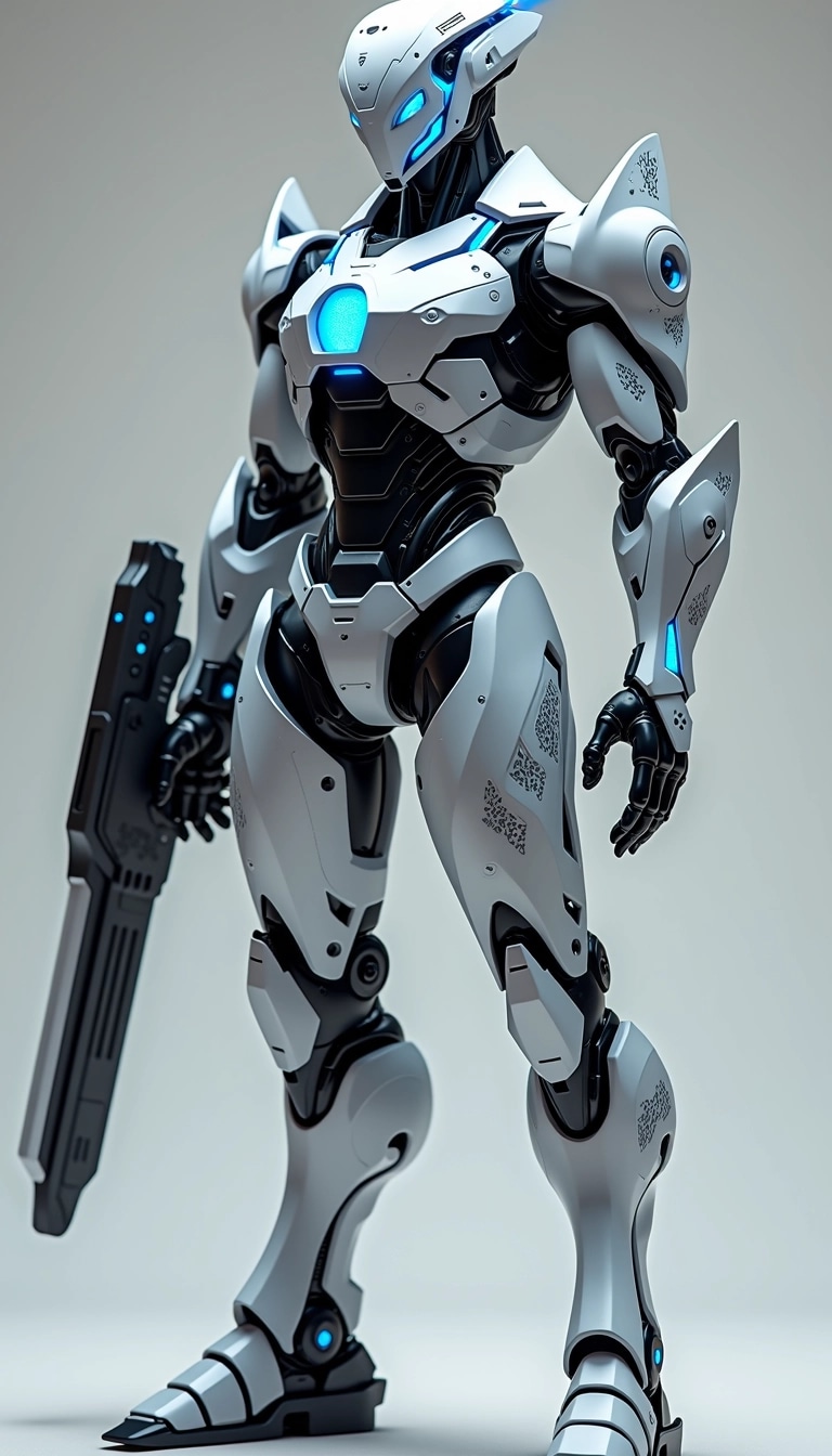 Create an image of a futuristic robot character featuring a sleek metallic design with glowing blue eyes. Instead of a muscular build, give it a slimmer, more agile form. It should hold a futuristic energy weapon in one hand and a small, compact sidearm in the other. Remove any brand logos and give the robot a silver and blue color scheme. Add intricate patterns and lights on its arm and legs for detail, while keeping the overall demeanor menacing yet dynamic.