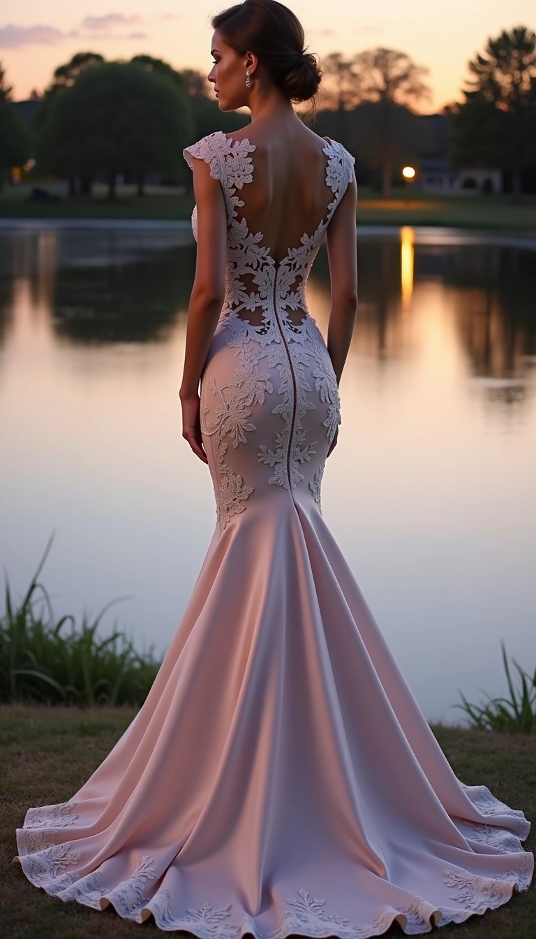 Create an evening gown design featuring a fitted silhouette with a slight mermaid flare. The gown should have delicate cap sleeves and an illusion neckline. Incorporate intricate lace detailing throughout, using floral patterns. Instead of a sheer back, opt for a solid, elegant satin finish. For the color palette, choose a soft blush tone instead of white, and set the background against a serene lakeside at dusk, illuminating the scene with warm, ambient lighting.