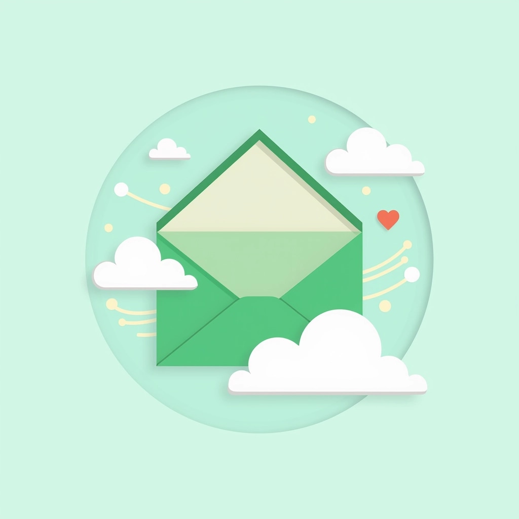 Create an icon featuring an open envelope with triangular flaps, colored in a soft green hue. Surround the envelope with fluffy, white clouds against a subtle sky-blue background. Introduce gentle, curved lines to signify wind, and vary the envelope's details to include a rounded edge and a small heart symbol on one flap.