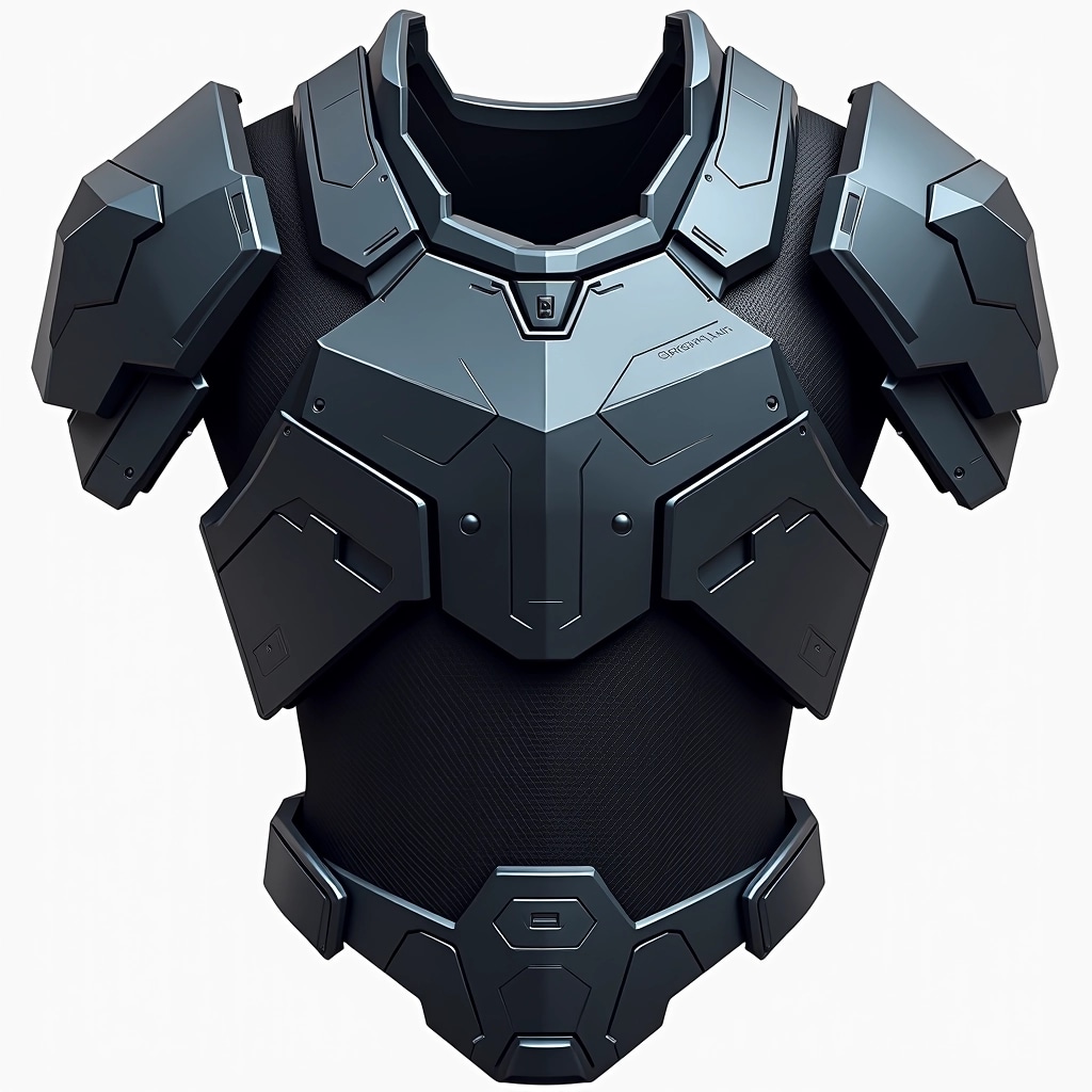 Design a futuristic armor chest piece with the following modifications:
1. Change the color scheme to a matte black with metallic blue accents.
2. Replace the mesh panel with a sleek, solid surface featuring subtle geometric etchings.
3. Add angular, integrated shoulder pads for enhanced protection.
4. Introduce a high-tech visor at the top that can retract, enhancing visibility and functionality.
5. Incorporate a new locking mechanism on the sides that appears more streamlined and minimalistic.
Focus on a combination of aesthetics and functionality suitable for a sci-fi environment.