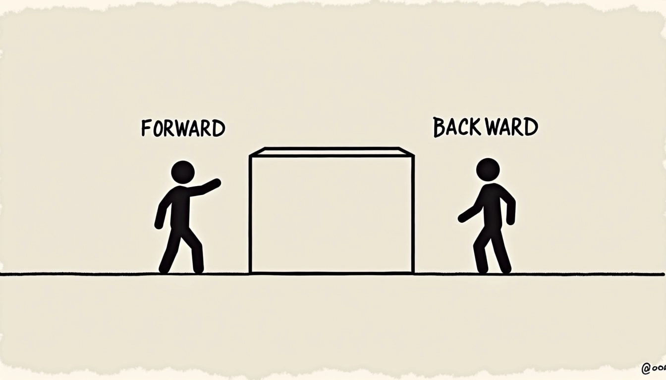 Create a sign with two simplified stick figure illustrations: on the left, a figure walks toward a solid rectangle with an arm extended forward. Label this "FORWARD." On the right, an adjacent figure stands slightly bent backward, pulling the rectangle towards itself, with an arm extended back. Label this "BACKWARD." Use a plain background with no brand mentions and a clean, minimalist style.