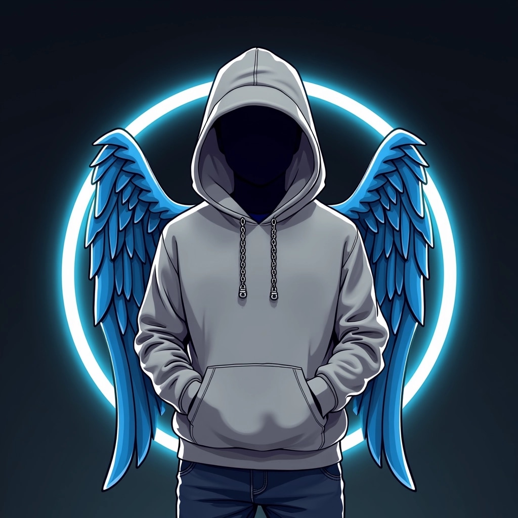 Create an illustration featuring a faceless figure wearing a gray hoodie and a cap, with blue wings extending from the shoulders. The figure stands in a peaceful pose, with one hand resting on the chest and the other partially visible. The background should be dark with a glowing circular border, adding a modern and dynamic feel to the composition. The figure should be adorned with a simple silver chain and lack any brand logos or specific identifiers.