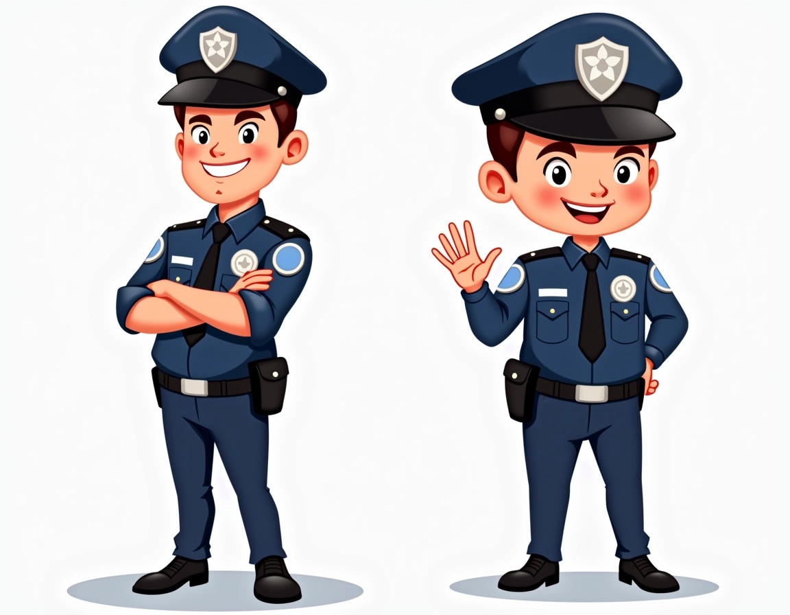 Create a cartoon character design of a police officer. The character should have a dark blue uniform and a wide-brimmed hat instead of a cap. The officer should be standing in two poses: one with arms crossed and a serious expression, and the other with a friendly wave. Adjust the facial features to appear more cheerful and approachable, with a broader smile. Remove any brand logos or specific insignia from the uniform.