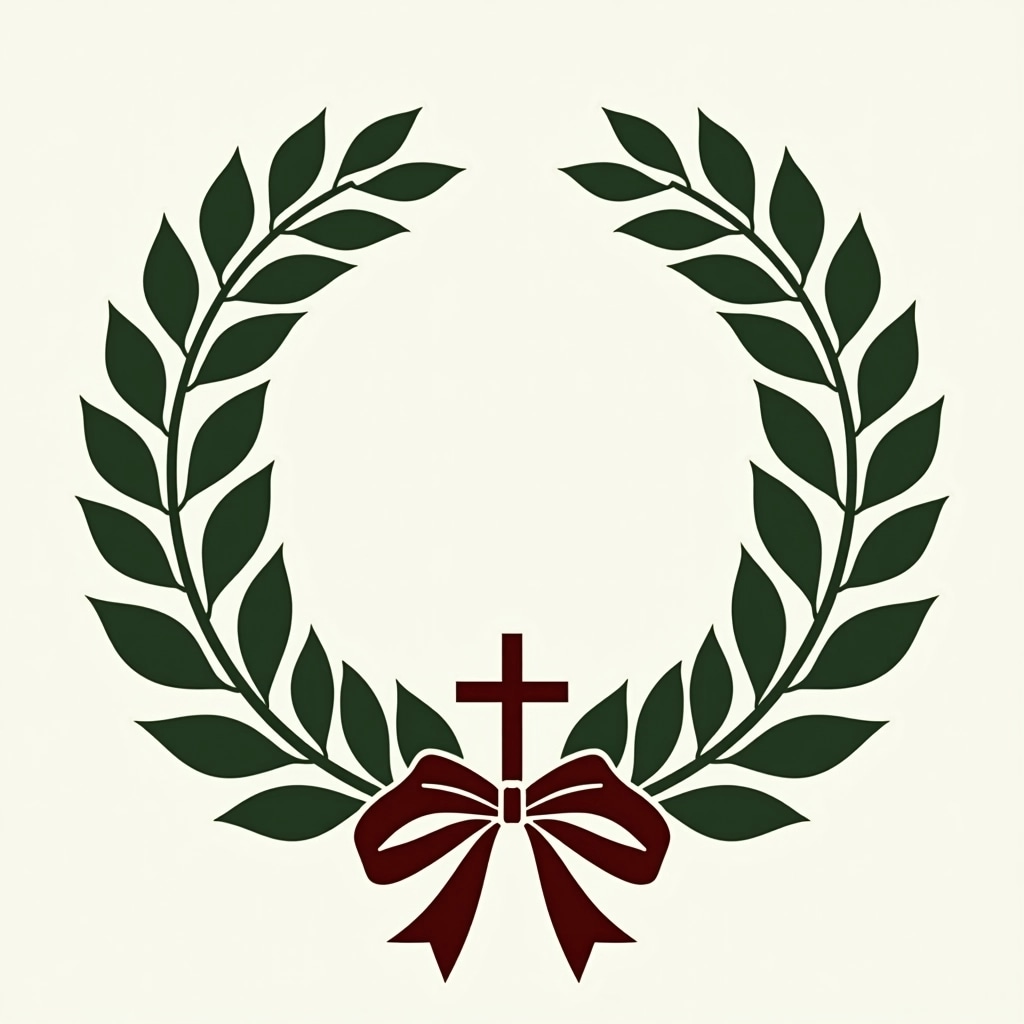 Create a circular laurel wreath design featuring thicker, rounded leaves instead of elongated ones. Position the leaves more closely together, giving the wreath a fuller appearance. Instead of a plain cross at the bottom, introduce a decorative ribbon that curves elegantly. Use a solid color for the entire design, eliminating any brand references.