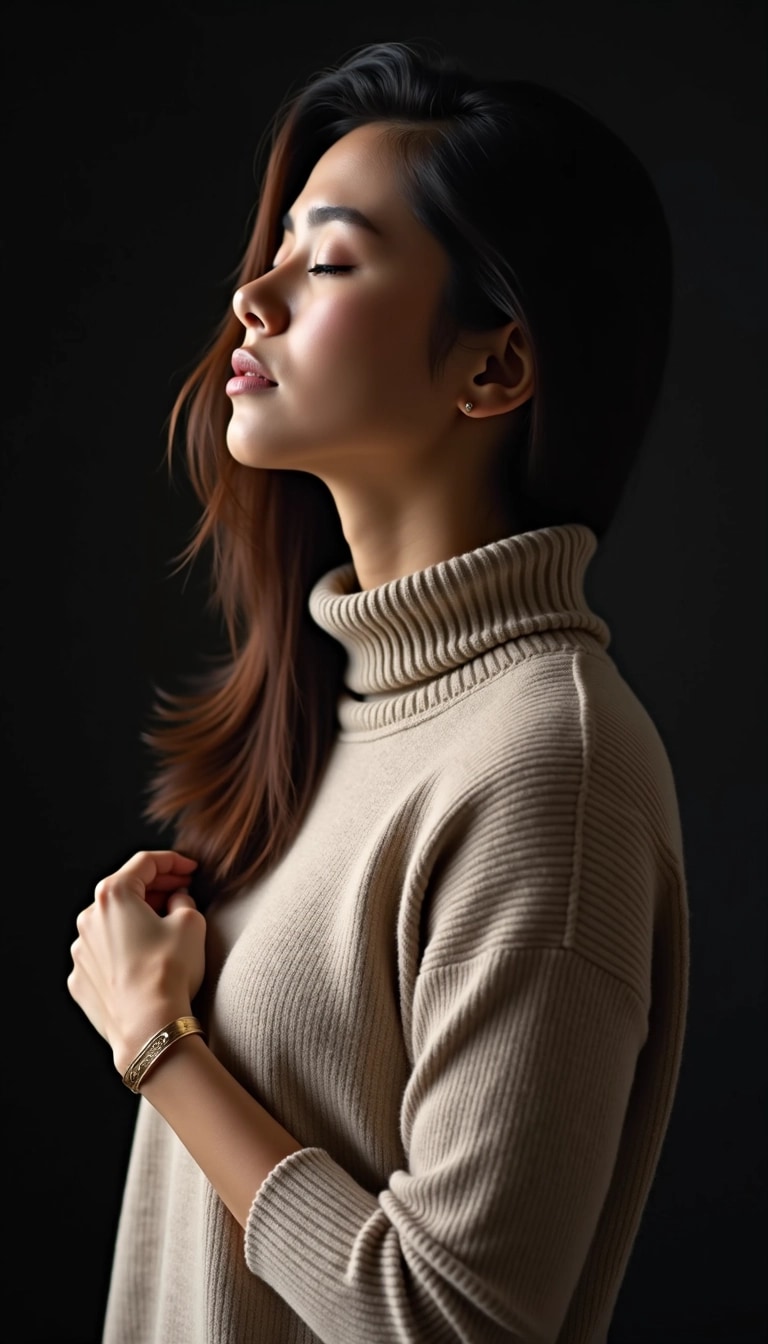 Create an image of a person standing against a dark backdrop. The individual should have their eyes closed, conveying a sense of calm and introspection. Change their hairstyle to a longer, flowing look and replace the textured sweater with a smooth, light-colored turtleneck. The jewelry should be minimal, perhaps a simple bracelet, to keep the focus on the expression. Ensure the lighting emphasizes the facial features softly, creating an intimate and warm atmosphere.