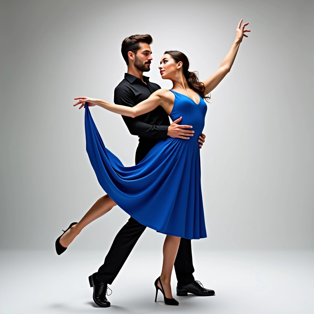 Create an image featuring a male and female dancer in a dynamic pose. The male dancer should wear a fitted black shirt and pants, with a modern twist on traditional dance shoes. The female dancer should be in a vibrant blue dress, with a flared skirt, and elegant heels. The background should be a simple gradient from light grey to white to maintain focus on the dancers. The female should be slightly leaning back, her arms extended gracefully while the male supports her, showcasing teamwork and fluidity in movement. The lighting should be soft and focused to highlight the dancers' expressions and attire.