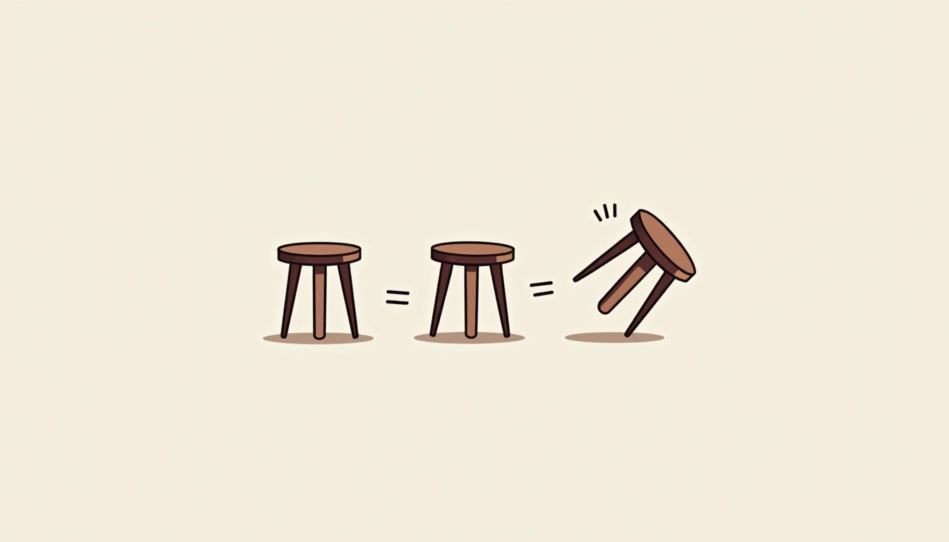 Create a set of simple illustrations that depict a three-legged stool.
1. **First Frame**: Show a solid, circular top on three evenly spaced, slightly curved legs, all in a light brown color.
2. **Second Frame**: Illustrate the stool slightly tilted to one side, with motion lines indicating imbalance.
3. **Third Frame**: Display the stool tipping over completely, with the top losing contact with the ground and the legs angled outward.
Ensure the design remains minimalistic, without any brand references or extra details.