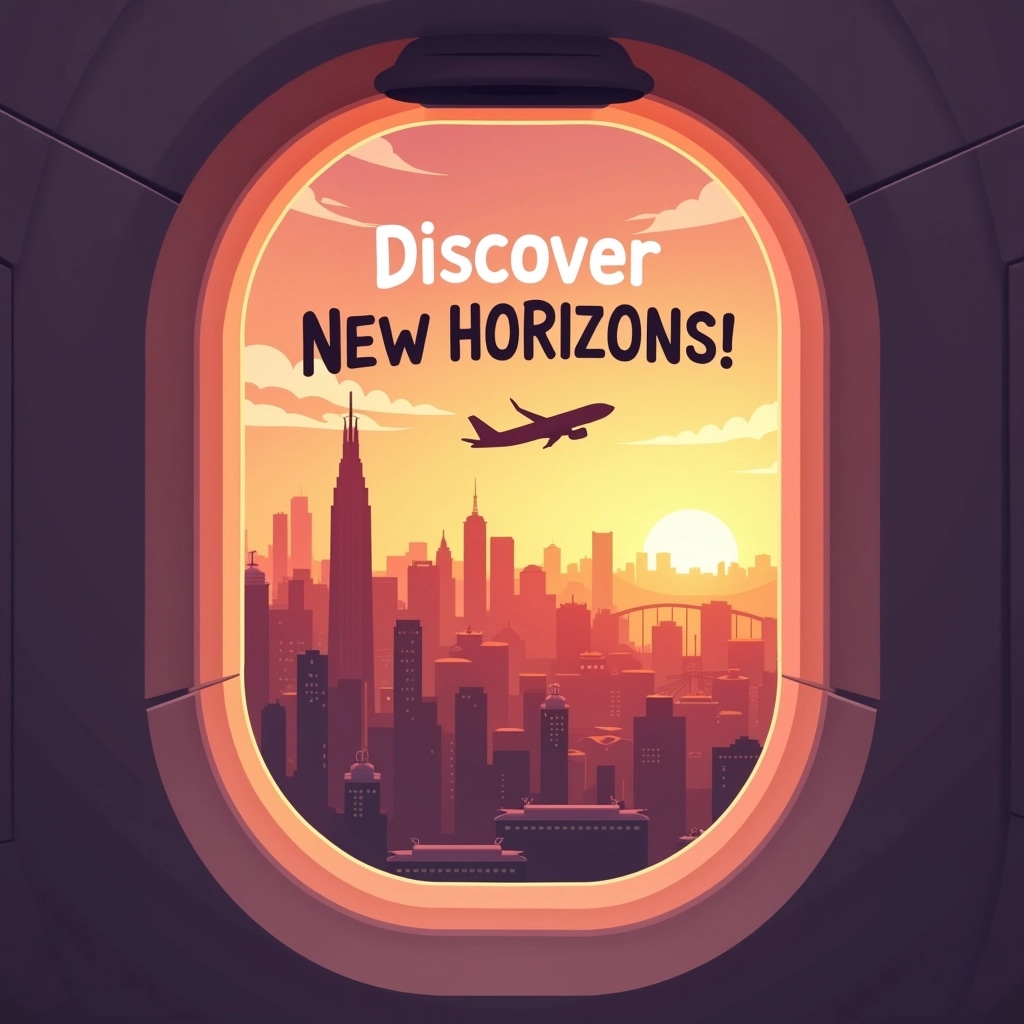Create an image featuring a sleek, modern airplane window that frames a scenic view of a beautiful city skyline during sunset. Replace the iconic landmark with a tall, unique structure that isn't instantly recognizable. Use a catchy phrase like "Discover New Horizons!" in bold, friendly typography at the top of the image. The overall color palette should include warm hues of orange and pink, creating a welcoming and adventurous vibe.