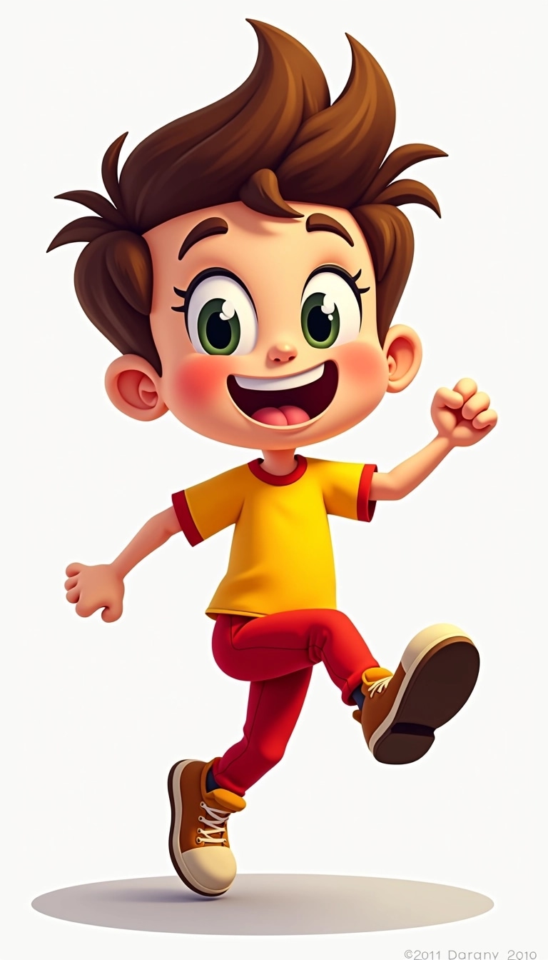 Create an illustration of a cartoon character with a more energetic pose. Change the outfit to a bright red and yellow color scheme, and modify the character's hairstyle to be spikier and more dynamic. Ensure the character is kicking with a big smile, showing excitement. Remove any brand logos or specific references.