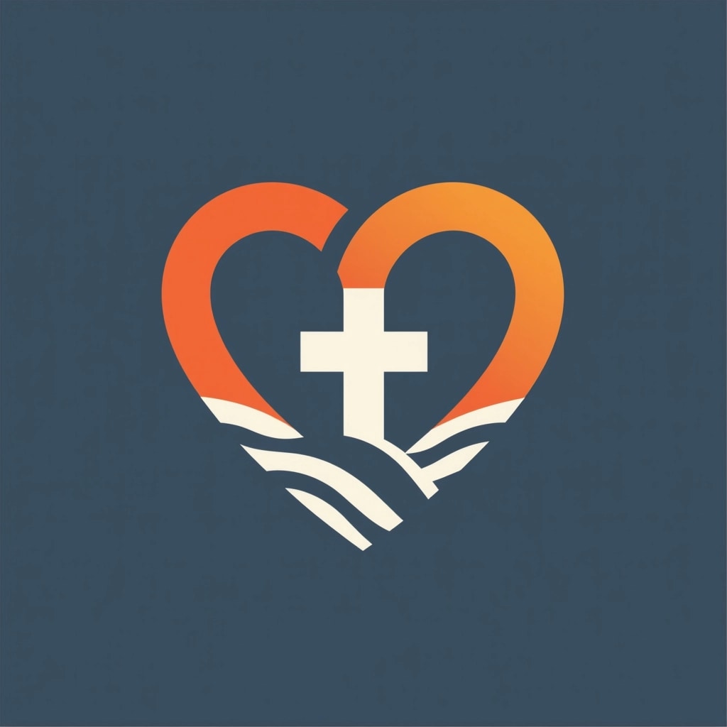 Design a logo featuring a stylized heart shape made of two intertwined figures, one in a warm orange hue and the other in a cool navy blue. Instead of a cross in the center, replace it with an abstract symbol representing unity, such as an infinity loop or a clasped hand. Remove any brand references or text. Consider incorporating gentle wave-like forms at the bottom to enhance the idea of connection and harmony.
