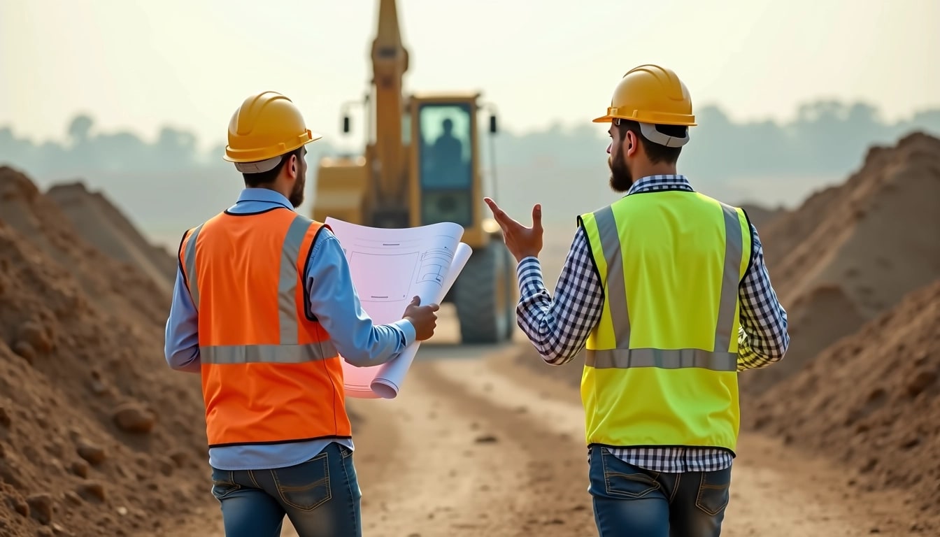Create a scene depicting two construction workers walking on a dirt path at a construction site. They are wearing bright yellow helmets and reflective safety vests without brand logos. One worker is holding rolled-up blueprints while the other gestures as they converse. In the background, there are large mounds of soil, and instead of a recognizable heavy machine, show a generic piece of construction equipment in action, like a bulldozer. The atmosphere is slightly hazy, suggesting early morning or late afternoon.