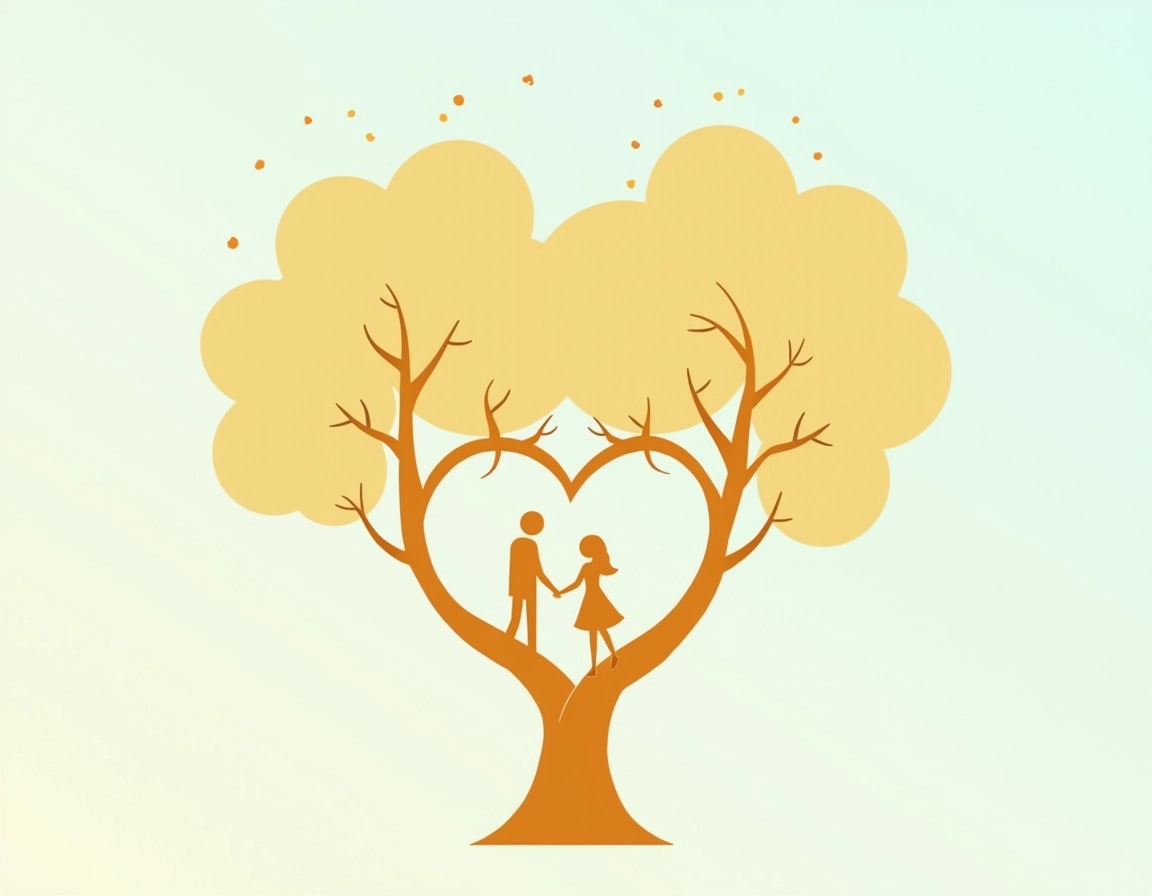 Create a design featuring two intertwining trees with a heart shape formed in the negative space between them. Instead of birds, depict two abstract human figures leaning towards each other, symbolizing connection. The background should be a soft gradient, transitioning between light blue and pale yellow. The trees should have more rounded leaves and a slightly whimsical appearance, avoiding any brand references. The overall color scheme should remain warm and inviting, with a white silhouette for the trees and figures.