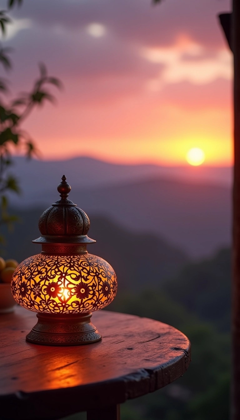 Create an image featuring an ornate lantern with a more spherical shape and intricate floral patterns on its surface. The lantern should emit a warm yellow glow and be placed on a rustic wooden table. In the background, replace the skyline with a soft focus of rolling hills against a sunset sky painted in shades of purple and orange. Ensure the environment conveys a tranquil and serene atmosphere.