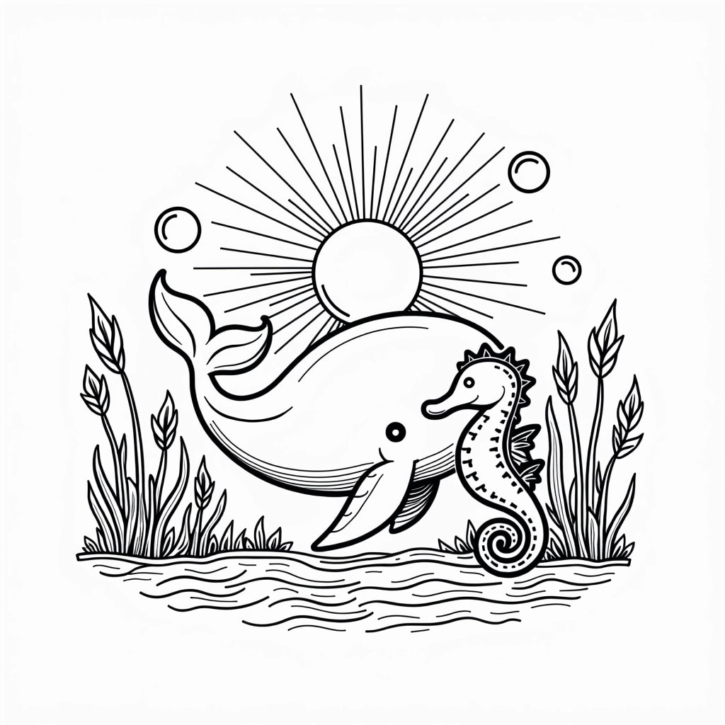 Create a line art design featuring a playful whale and a seahorse in an underwater setting. Above them, depict bubbles rising and stylized plants swaying in the current. The background should include a stylized sun with rays extending outward, surrounded by gentle waves to convey a sense of movement. Remove any brand references and ensure the overall composition feels harmonious and whimsical.