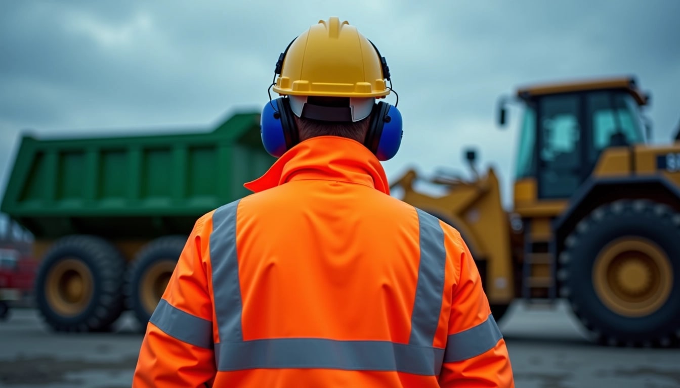 Create an image of a construction worker from behind, wearing a bright orange safety jacket with reflective stripes. The worker has on a yellow hard hat and blue earmuffs. In the background, include a large construction vehicle but change its color to green. The setting should have a moody sky, suggesting dusk, with clouds to enhance the dramatic atmosphere. The overall focus should be on the worker, emphasizing safety gear and the industrial environment.