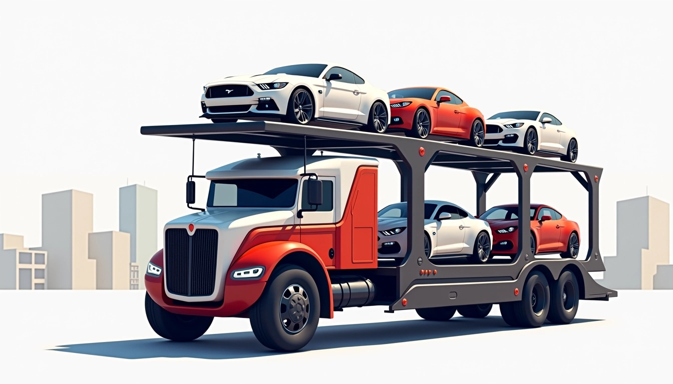 - **Vehicle Type:** Modify the truck to have a more futuristic design, perhaps with a sleek aerodynamic shape and a more vibrant color.
- **Car Arrangement:** Instead of white cars, use a variety of colors for the vehicles on the top racks, showcasing different models and styles.
- **Ramp Design:** Change the ramp structure to a more curved or angular ramp system, allowing for easier access for loading and unloading.
- **Background:** Add a dynamic urban background with a cityscape to give it context, rather than a plain white backdrop.
- **Details on the Truck:** Introduce more detailing on the truck, like a unique grill design or integrated LED lights.
This retains the core concept while offering a fresh look.