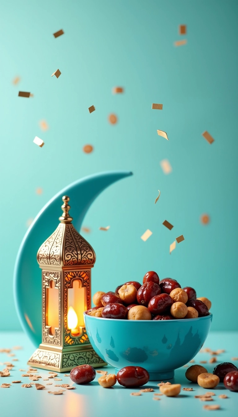 Create an image featuring a tall, ornate lantern with intricate patterns, a crescent shape in a vibrant blue color, and a bowl filled with assorted nuts instead of dates. Add some confetti scattered around and use a soft gradient background transitioning from light teal to sky blue. Remove any brand references and ensure it conveys a festive atmosphere.