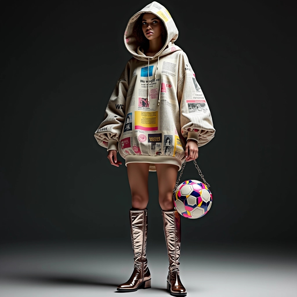 Create an image featuring a figure in a stylish, oversized hoodie made from fabric that displays abstract art patterns instead of newspaper prints. The hoodie should have dramatic, puffed sleeves and a slightly off-center hood. The figure is wearing shiny, metallic knee-high boots adorned with colorful geometric shapes instead of character graphics. Replace the football with a sleek, modern accessory that complements the outfit, such as a futuristic handbag. The background should be a simple, dark gradient to keep the focus on the outfit.