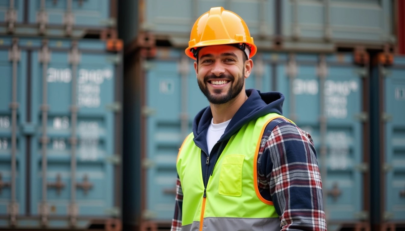 Design a scene featuring a cheerful construction worker standing confidently. Replace the bright yellow hard hat with a bright orange one. The worker should wear a reflective vest that is primarily navy blue with green stripes. Instead of a plaid shirt, depict the worker in a plain white t-shirt under a dark hoodie. The background should include a blurred industrial setting, such as metal containers, without any brand references or logos.