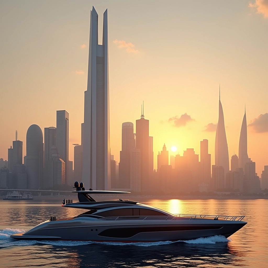 Design a cityscape at sunset featuring a modern, sleek skyscraper with an abstract design, surrounded by a variety of futuristic buildings. In the foreground, include a luxury yacht with a streamlined silhouette, slightly altered colors, and without any recognizable branding. The water should reflect the golden hues of the sunset while maintaining a tranquil atmosphere. Ensure the skyline captures a mix of architectural styles, giving a sense of urban sophistication and elegance.
