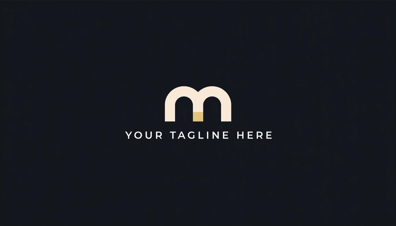 Create a logo featuring a single stylized letter "M" intertwined with a lowercase "n." Use a light color palette on a dark background. Beneath the letters, include the phrase "YOUR TAGLINE HERE" in a modern sans-serif font. Ensure the design maintains a minimalistic aesthetic with clean lines and ample negative space.