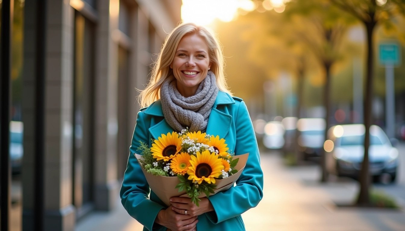 Create an image of a woman standing at an entrance, smiling as she holds a large bouquet of colorful flowers. Change her outfit to a bright blue coat and a stylish scarf. Add a vibrant urban backdrop with trees and a hint of sunshine peeking through the clouds. Ensure the flowers in her bouquet include sunflowers, daisies, and greenery for a lively touch.