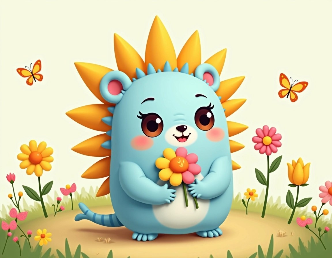 Create a cute, cartoonish porcupine character with a rounded body and large eyes. Instead of holding snacks, it holds a colorful, oversized flower. Change the color palette to pastel shades, with light blue for the body and soft yellow for the spikes. Place the character in a cheerful garden setting with cartoon-style flowers and butterflies in the background.