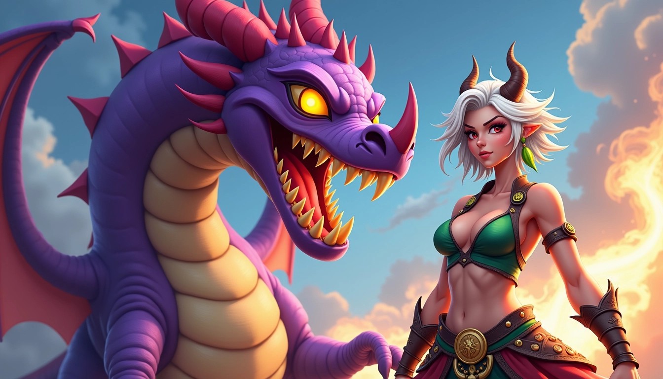Design an image featuring a large, vibrant purple dragon with exaggerated, sharp teeth and bright yellow eyes. The dragon is breathing fire, with flames in shades of orange and red surrounding it. Next to the dragon, depict a confident female warrior with short, white hair adorned with colorful accessories. She has green and pink highlights in her hair, wears a sleeveless, intricately designed outfit, and has small horn-like protrusions on her head. Her expression is fierce and determined as she commands the dragon, showcasing a powerful bond between them. The background should feature a dramatic sky, with swirling clouds in blue and hints of golden light.
