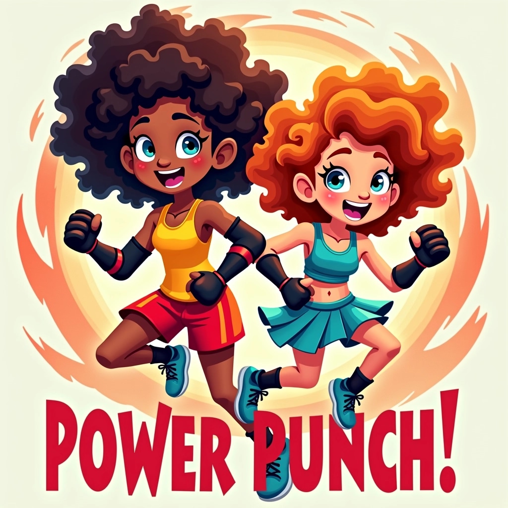 **Image Design Breakdown Prompt**
Create an illustration featuring two energetic characters with vibrant, curly hair and exaggerated expressions of excitement. One character should be wearing a bright tank top and arm guards, while the other is in a stylish crop top with flowy shorts. Both should have playful, whimsical designs, showcasing athletic postures, as if engaged in a dynamic action scene. Use a background with swirling colors that convey movement, like reds and oranges, to enhance the sense of energy. Include a fun, imaginative phrase in a bold font at the bottom that encapsulates their spirited nature, such as "Power Punch!"