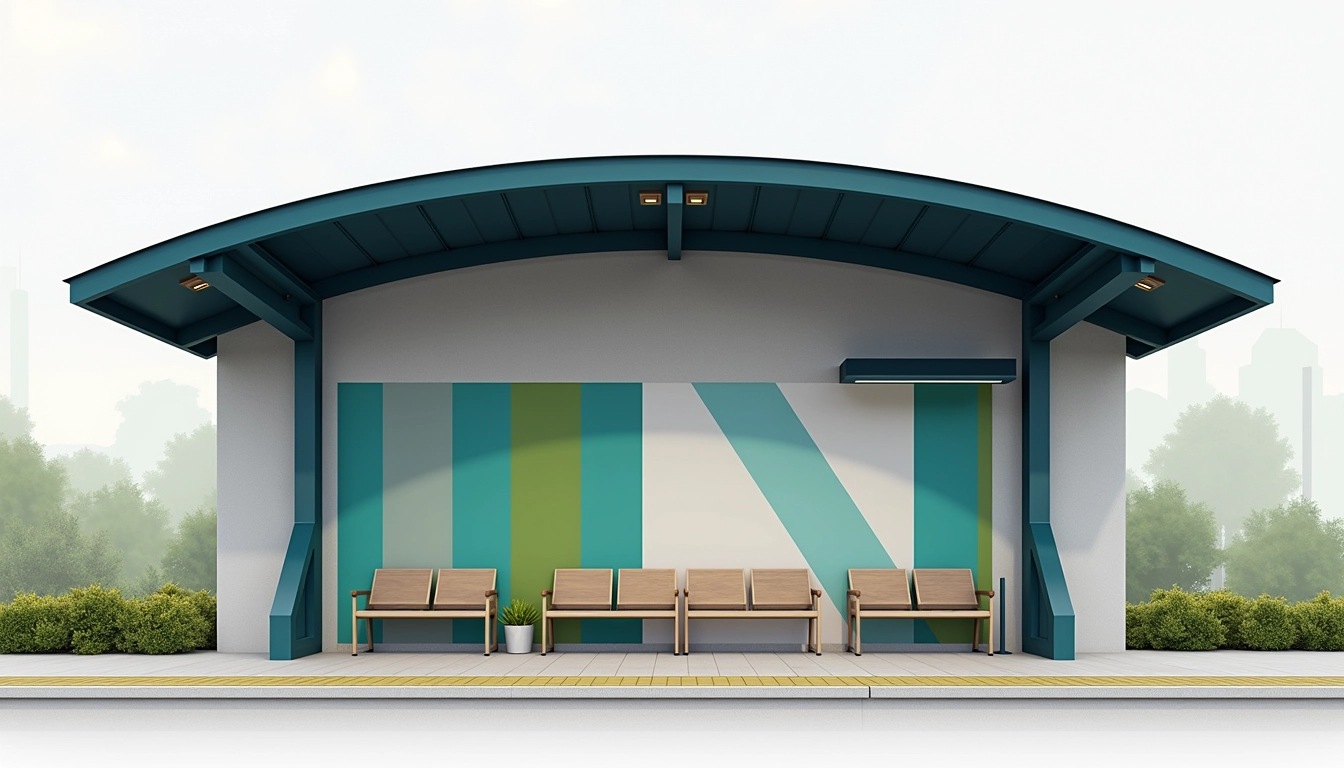 **Design Breakdown Prompt:**
1. **Structure:**
- Retain the curved roofing but change the color to a deeper shade, like navy blue.
- Modify the supporting columns to a sleek, modern design with a matte finish.
2. **Signage:**
- Replace the main sign with a rectangular design featuring a gradient from teal to light blue, omitting brand references.
- Use a simple, bold sans-serif font for station name placement.
3. **Background:**
- Change the wall texture to a smooth, light gray finish with occasional green vertical accents instead of stripes.
4. **Seating:**
- Introduce a new seating style with individual chairs in a neutral tone, arranged in a staggered pattern for better space utilization.
5. **Lighting:**
- Implement warm LED strip lighting along the edges of the roof for a cozy atmosphere during night time.
6. **Landscape:**
- Include small potted plants or low shrubs in front of the station instead of the current greenery for a cleaner look.
7. **Platform:**
- Redesign the platform to have a wider edge and add tactile paving for accessibility.
This restoration aims to modernize the station's aesthetic while ensuring functionality and comfort.
