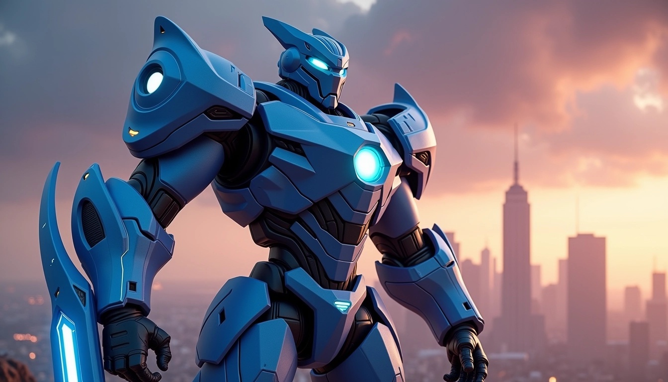 Create a futuristic robot character with a strong, muscular design. The robot is predominantly blue and gray, featuring sleek armor plating and illuminated lines to suggest advanced technology. Its right arm wields a large energy sword, while the left arm is slightly raised in a confident pose. The backdrop showcases a distant, high-tech city skyline under a dramatic, cloudy sky with deep hues of orange and purple. Adjust the facial features of the robot to have a more streamlined, angular head with a glowing visor, omitting any distinct branding or logos.